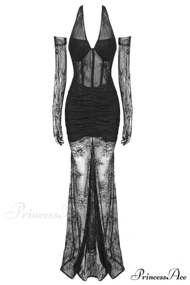 Elsa Halterneck Stylish See-through Maxi Dress XS / Black
