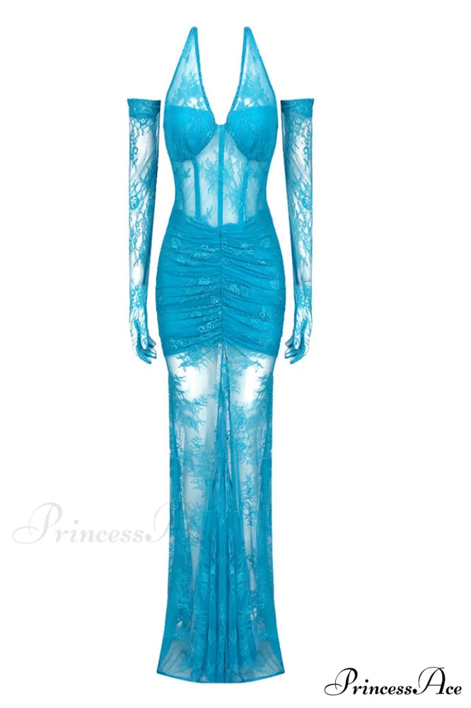 Elsa Halterneck Stylish See-through Maxi Dress XS / Blue