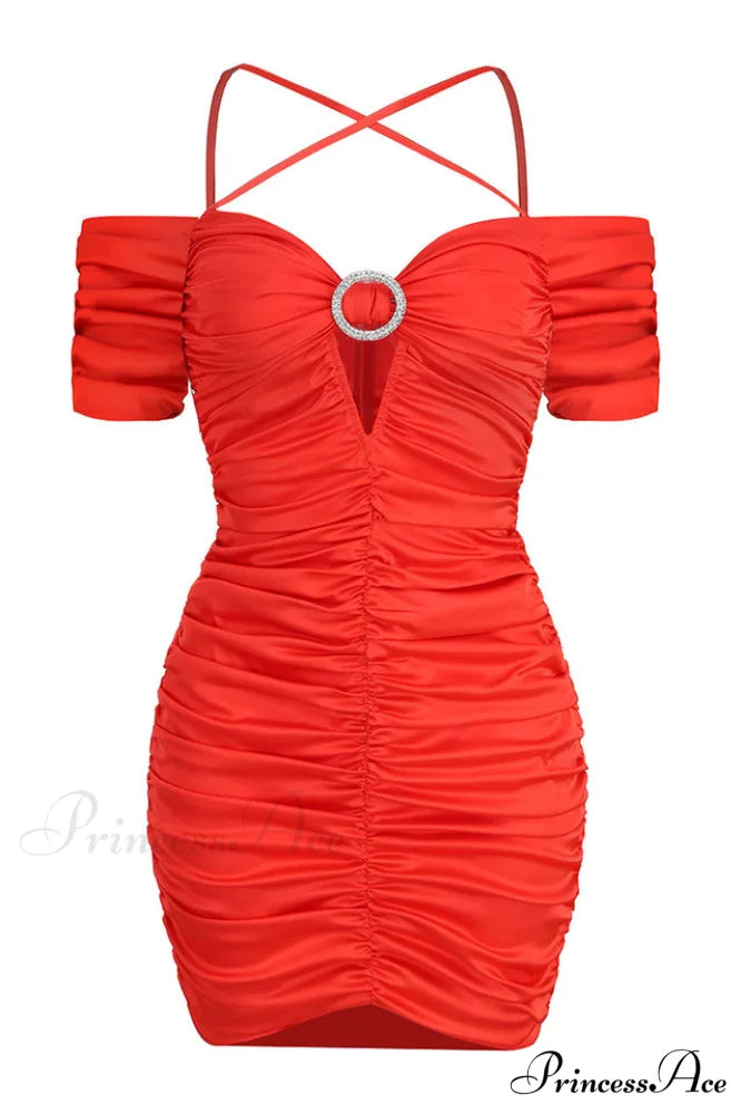Embellished Ruched Stylish Satin Mini Dress XS / Red