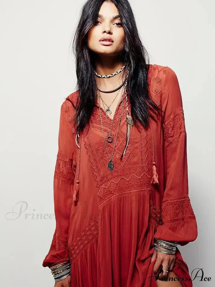 Embroidered Blossom V-neck Separated Mini Bohemian Dress bohodress-250126