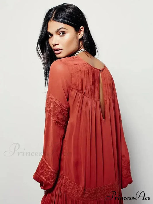 Embroidered Blossom V-neck Separated Mini Bohemian Dress Red / S bohodress-250126