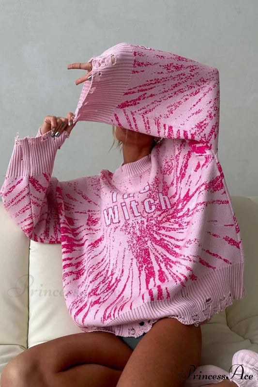 Embroidered Distressed Pullover Sweater Pink / One Size