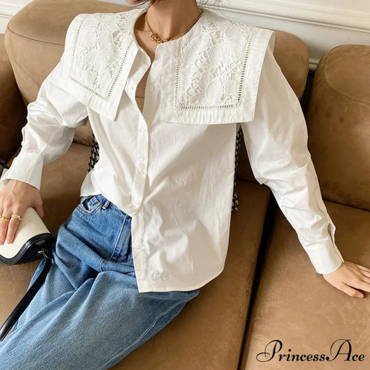 Embroidered Flower Neck Long Sleeve Cotton Boho Top White / S bohoblouse-250126