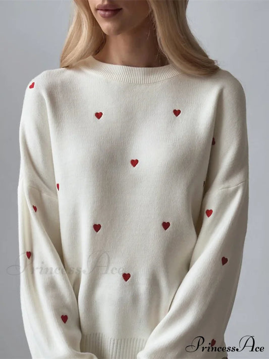 Embroidered Heart Graceful Oversized Knit Sweater