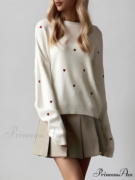 Embroidered Heart Graceful Oversized Knit Sweater White / XS