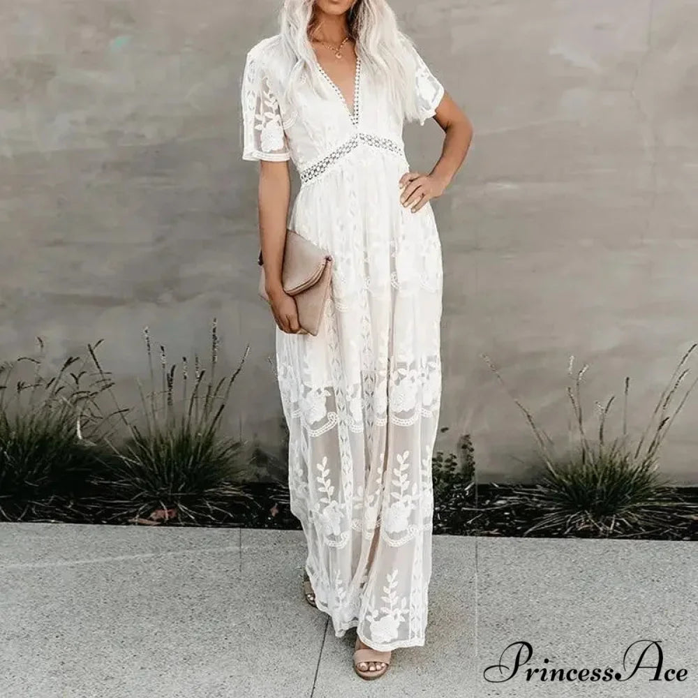 Embroidered Patchwork Long Sleeve Ivory Bohemian Dress bohodress-250126
