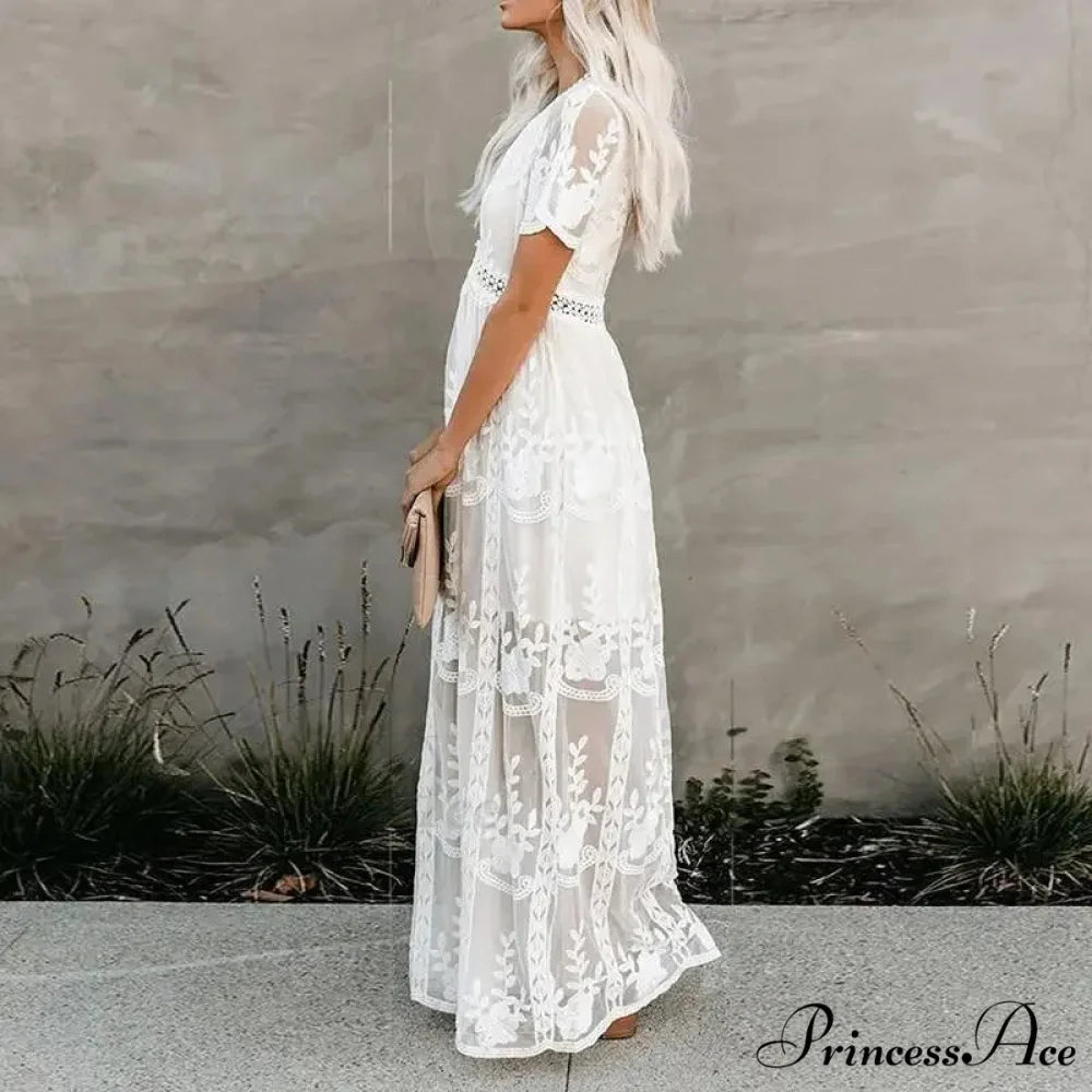 Embroidered Patchwork Long Sleeve Ivory Bohemian Dress bohodress-250126