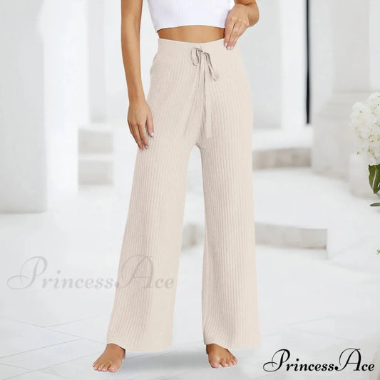 Embroidery Bow Knitted Flare Casual Slim Fit Sweatpants All-match Pants Beige / One Size