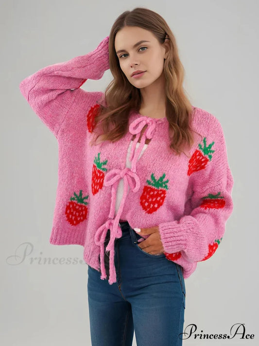 Embroidery Heart Lace-up Cardigan Pink strawberry / S