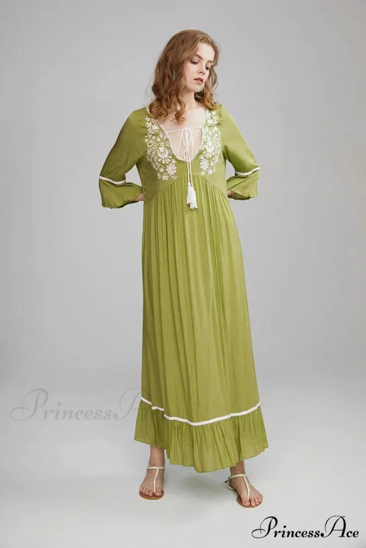 Embroidery Hollow Out Lace Vintage White Boho Dress Green / S bohodress-250126