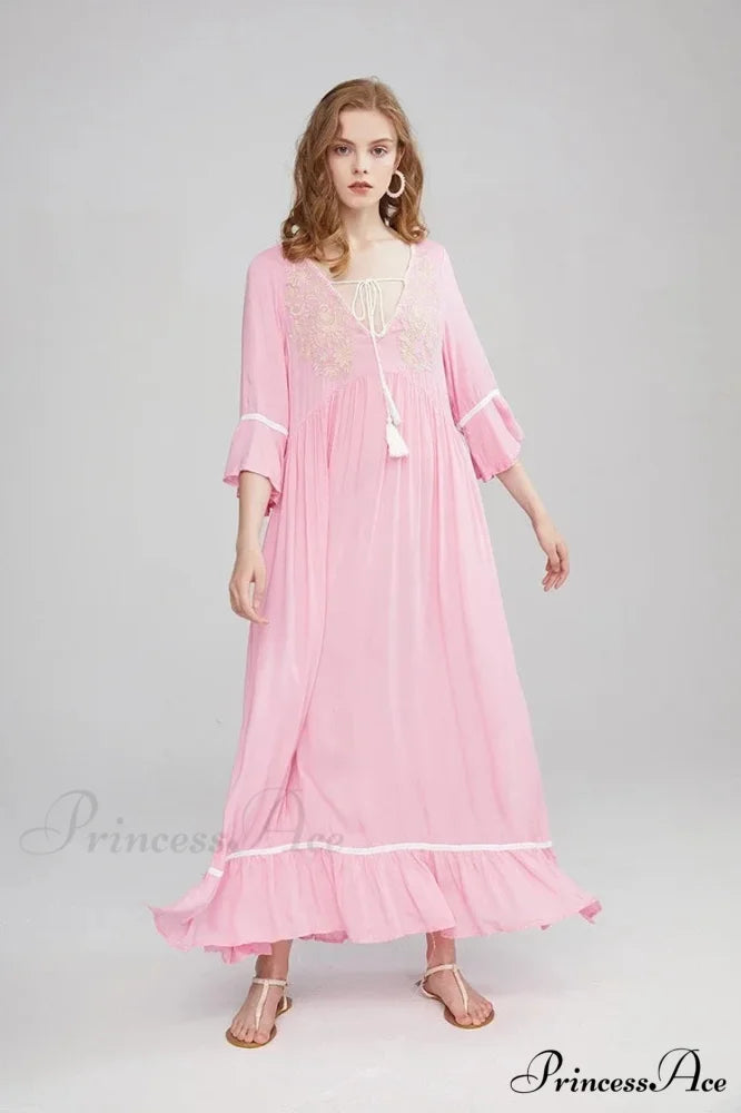 Embroidery Hollow Out Lace Vintage White Boho Dress Pink / S bohodress-250126