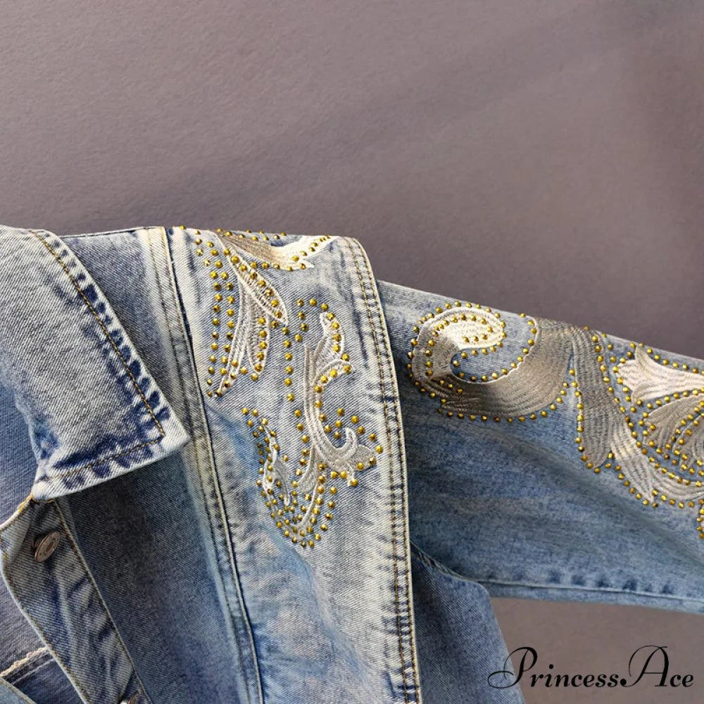 Embroidery Rhinestone Denim Jacket Blue / One Size