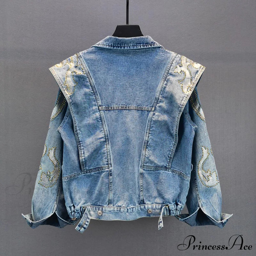 Embroidery Rhinestone Denim Jacket Blue / One Size