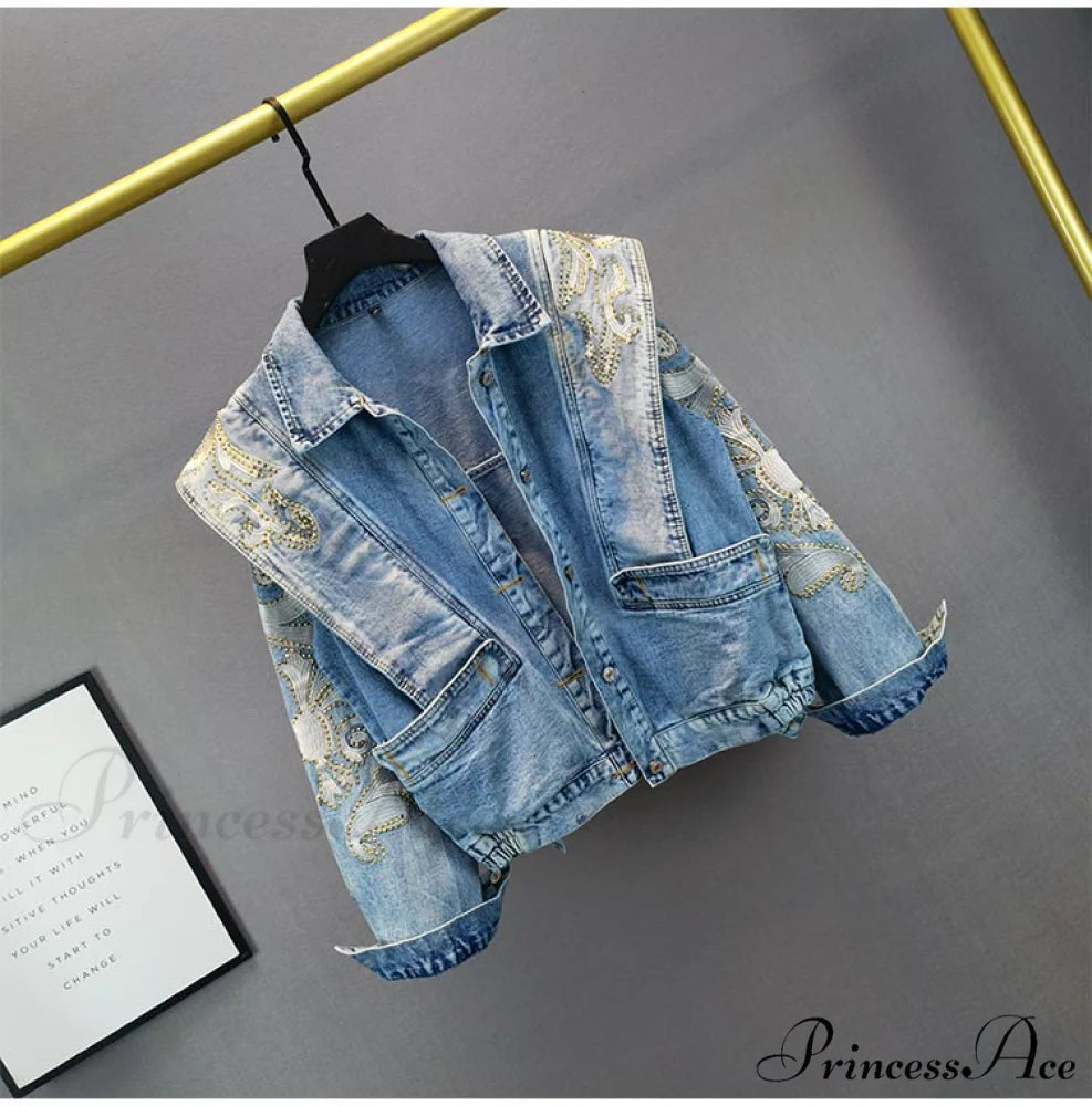 Embroidery Rhinestone Denim Jacket Blue / One Size