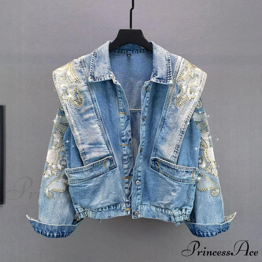 Embroidery Rhinestone Denim Jacket Blue / One Size