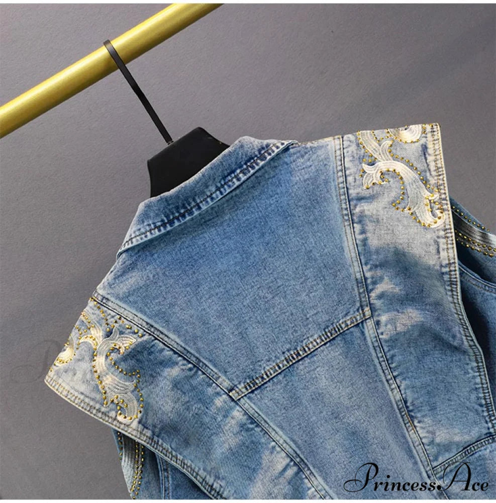 Embroidery Rhinestone Denim Jacket Blue / One Size