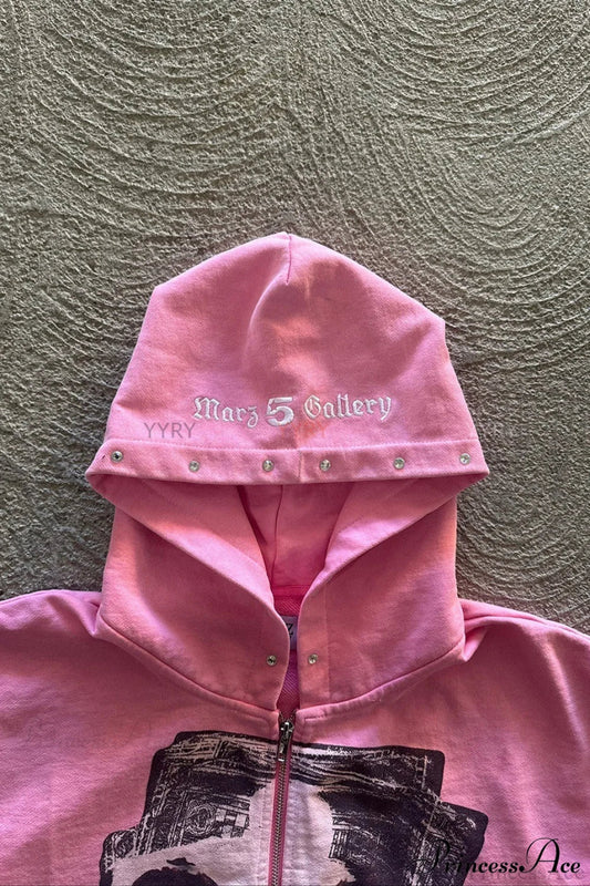 Embroidery Rhinestone Print Zip Hoodie