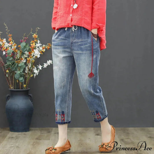 Embroidery Ripped Korean Capris Pants Red 2 / S 40-45kg