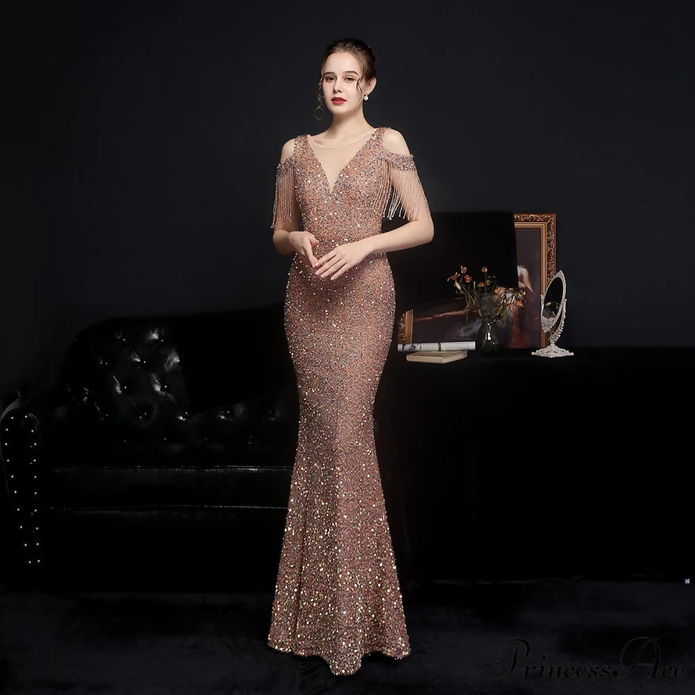 Emery sequined Stylish fringed fishtail dress GOLD / XS
