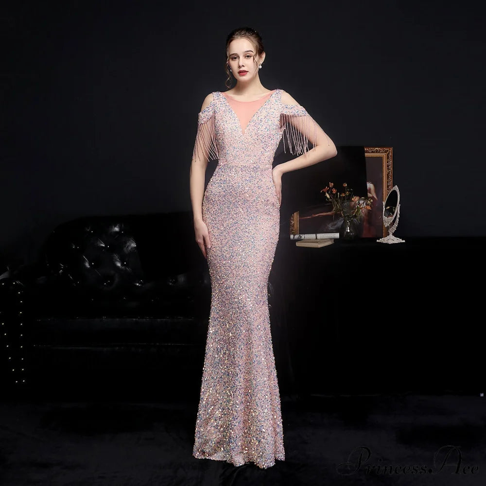 Emery sequined Stylish fringed fishtail dress PINK / XS