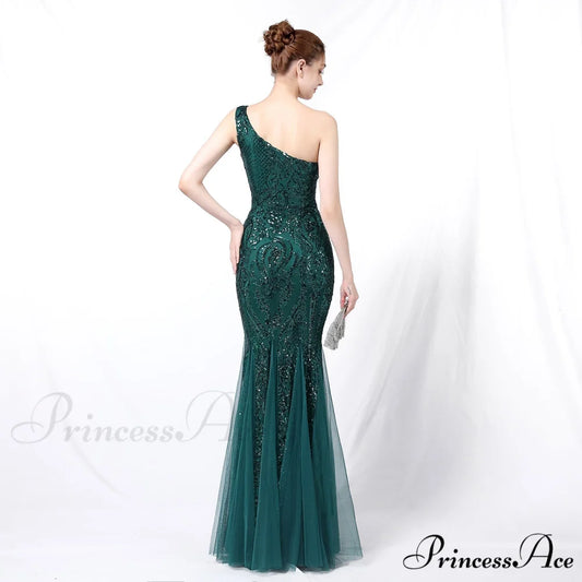 Emily formal one-shoulder Charming sequined mesh fishtail dress