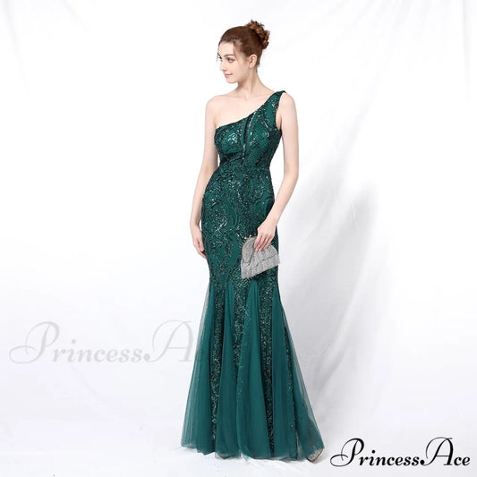 Emily formal one-shoulder Charming sequined mesh fishtail dress HUNTER / XS