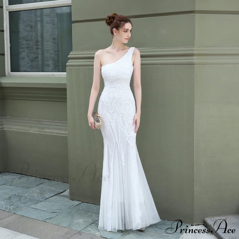 Emily formal one-shoulder Charming sequined mesh fishtail dress WHITE / XS