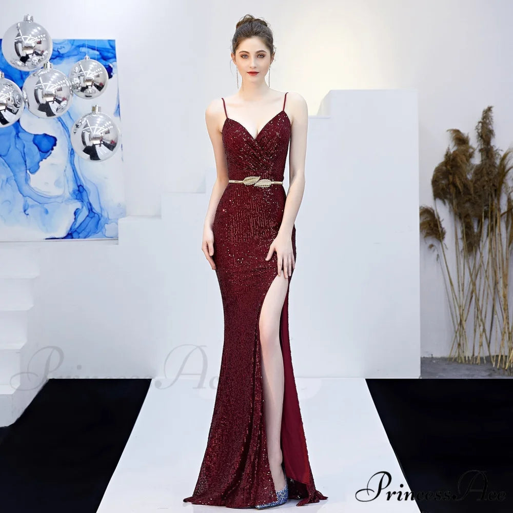 Emma sequined Stylish Formal slit dress BURGUNDY / XS
