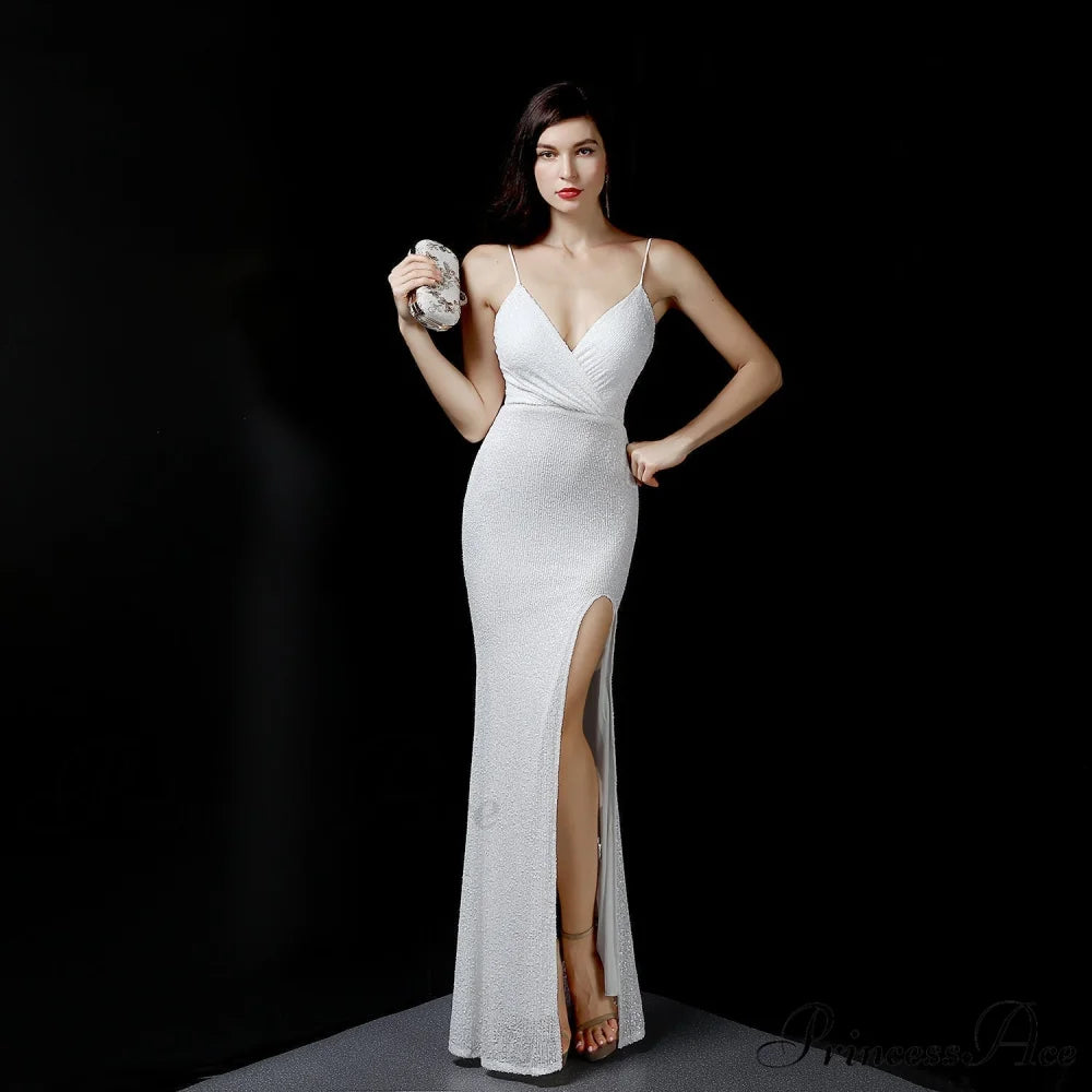 Emma sequined Stylish Formal slit dress WHITE / XS