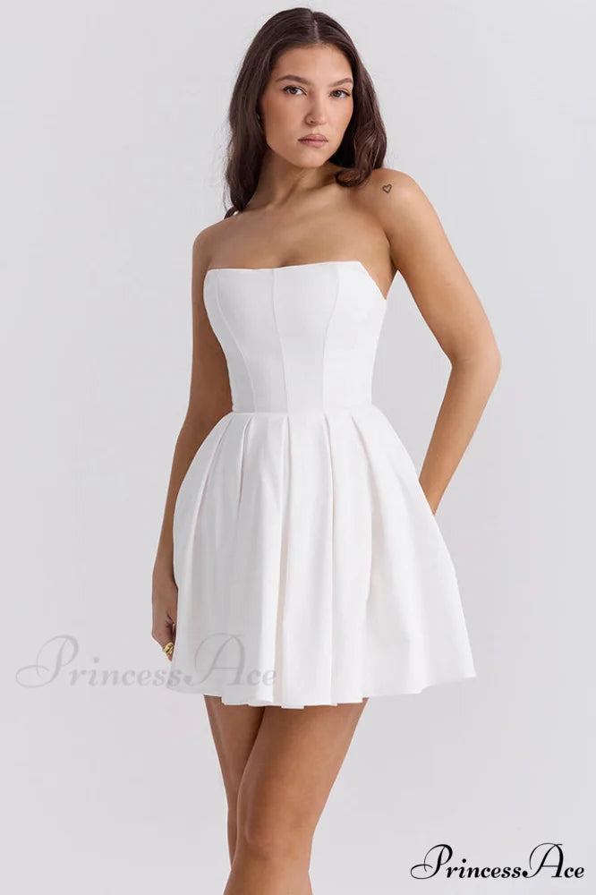 Emmanuela Tomato Strapless Charming Pleated Mini Dress
