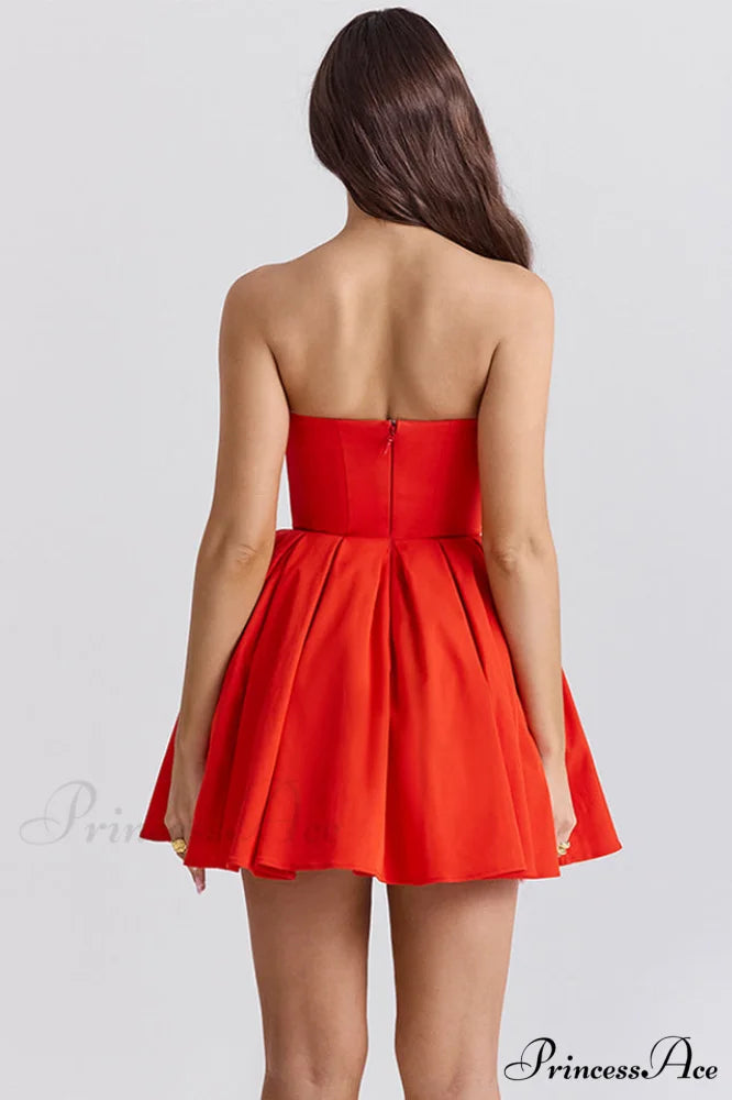 Emmanuela Tomato Strapless Charming Pleated Mini Dress