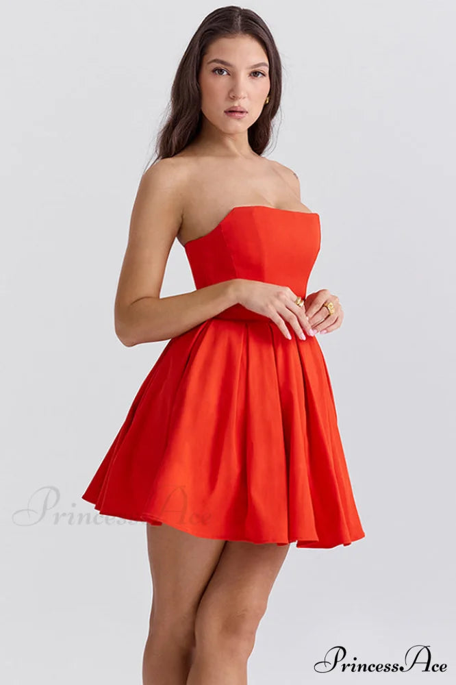 Emmanuela Tomato Strapless Charming Pleated Mini Dress