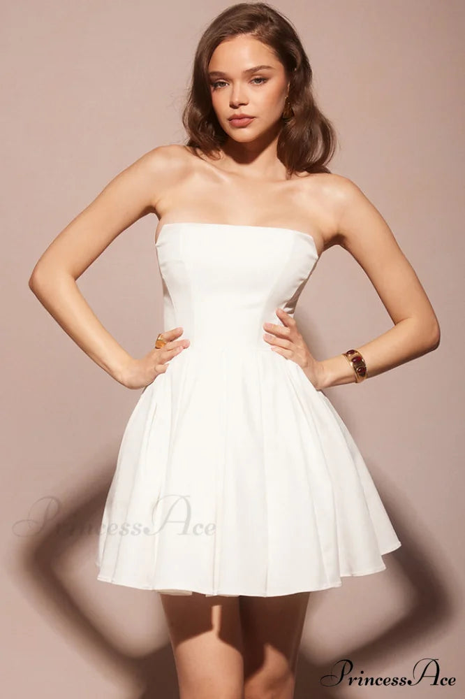 Emmanuela Tomato Strapless Charming Pleated Mini Dress