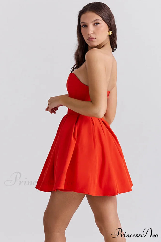 Emmanuela Tomato Strapless Charming Pleated Mini Dress