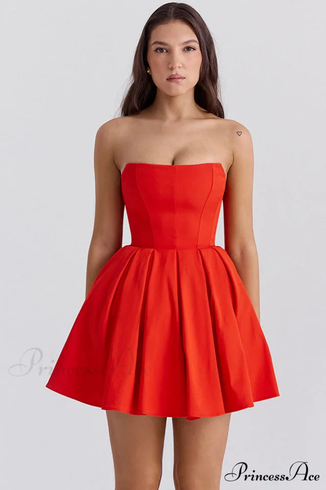 Emmanuela Tomato Strapless Charming Pleated Mini Dress XS / Red