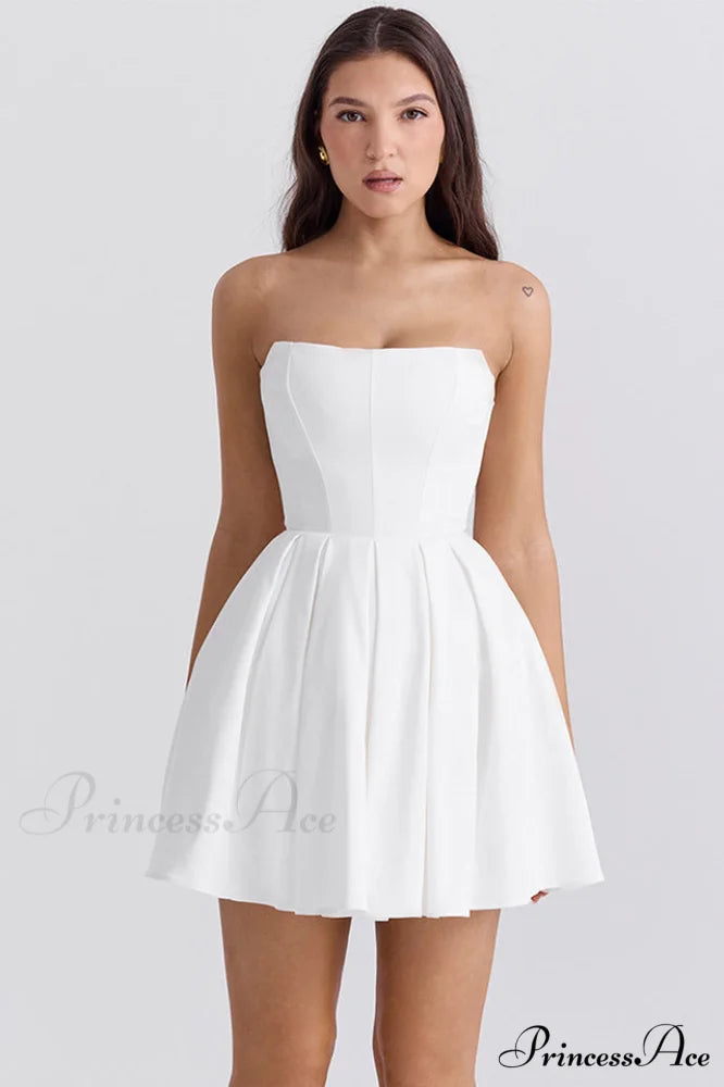 Emmanuela Tomato Strapless Charming Pleated Mini Dress XS / White