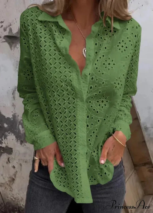 Empty Cotton Flower Stitching Extended Sleeve Boho Blouse Green / S bohoblouse-250126
