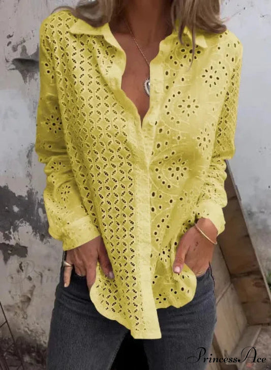 Empty Cotton Flower Stitching Extended Sleeve Boho Blouse Yellow / S bohoblouse-250126
