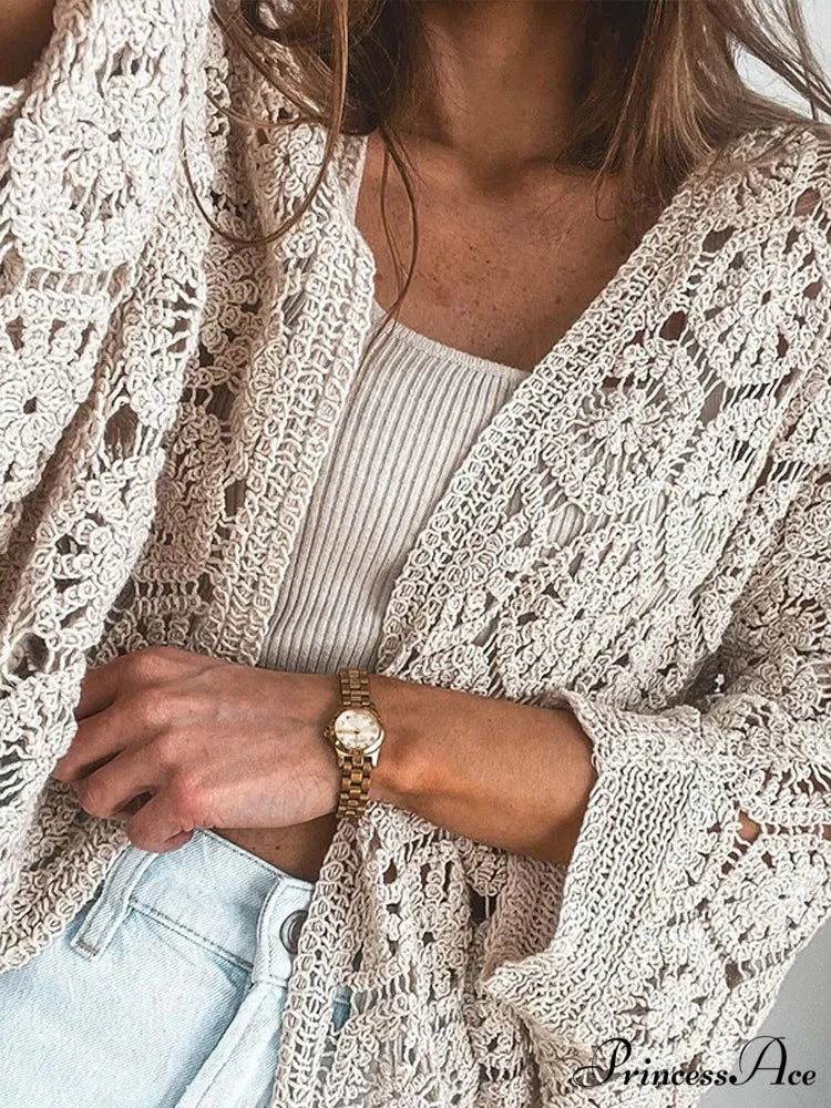 Empty Deep-neck Knitted Coat Beige / One Size coats-241228