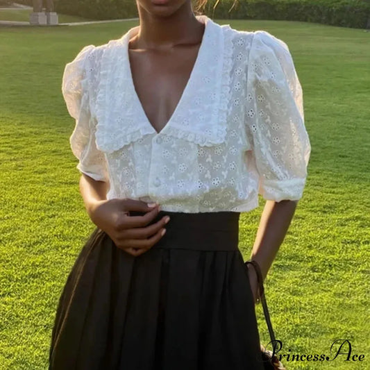 Empty Lace Puff Sleeve Peter Pan Collar Blouse WHITE / S blouse-250126