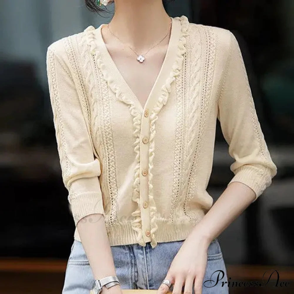 Empty Out Deep Neck Button Knit Cardigan Champagne / S cardigans-241228