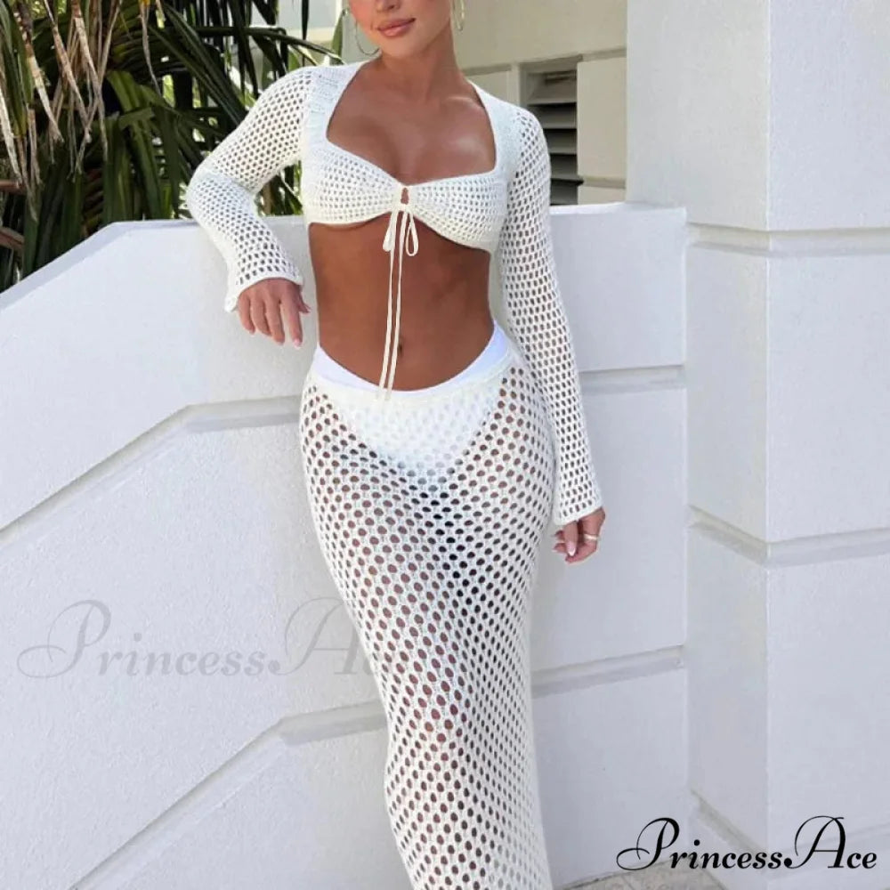 Empty Out Extended Sleeve Tie-Up Crop Top Fringe Bodycon Maxi Skirt Two Pieces Set twopiecesset-250126