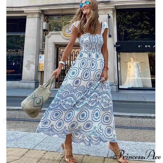 Empty Out Flower Stitching Soaring Sleeve Dress SKY BLUE / S bohodress-250126