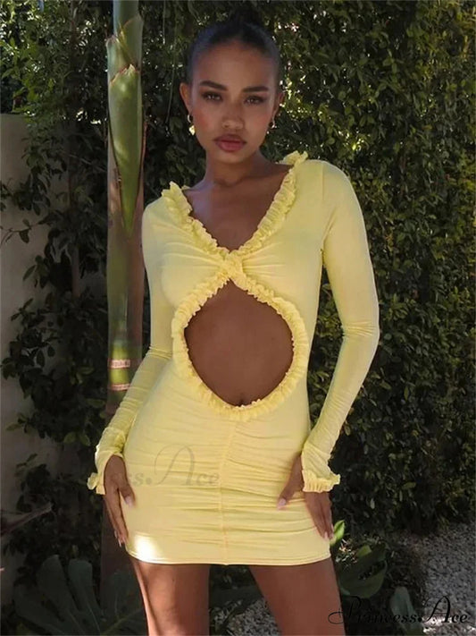 Empty-Out Frilled Short Dress Yellow / S minidress-250223