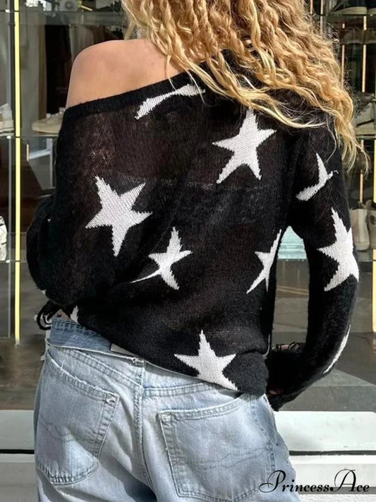 Empty Out Knitted Gothic Team Neck Extended Sleeve Pullover Sweater knittop-250126