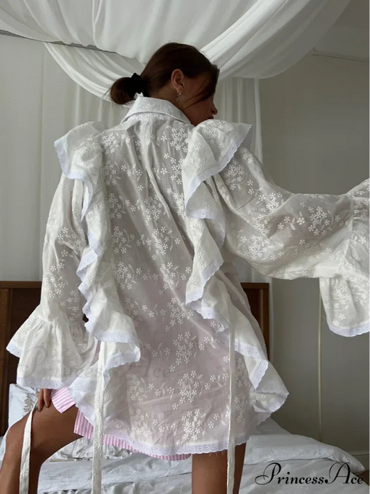 Empty Out Lotus Leaf Border White Blouse blouse-250223