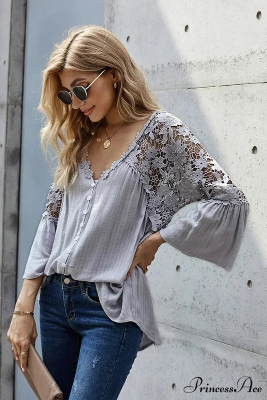 Empty Out Profound Plunge Neck Flare Sleeve Bohemian Blouse Grey / S bohoblouse-250126