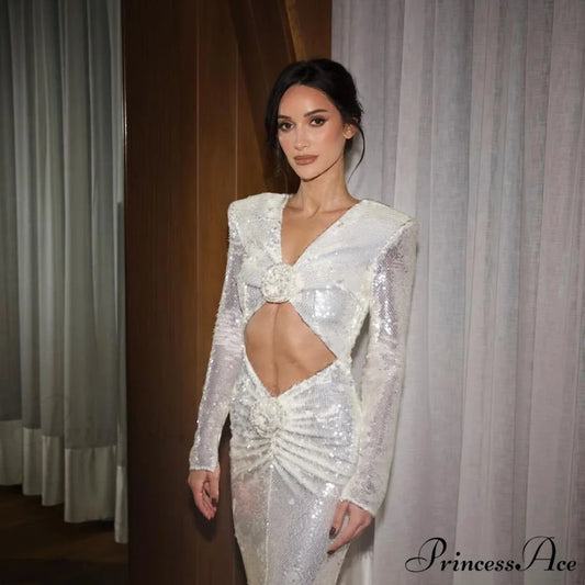 Empty Out Sparkling Low-Cut Maxi Prom Dress white / XS promdress-250223