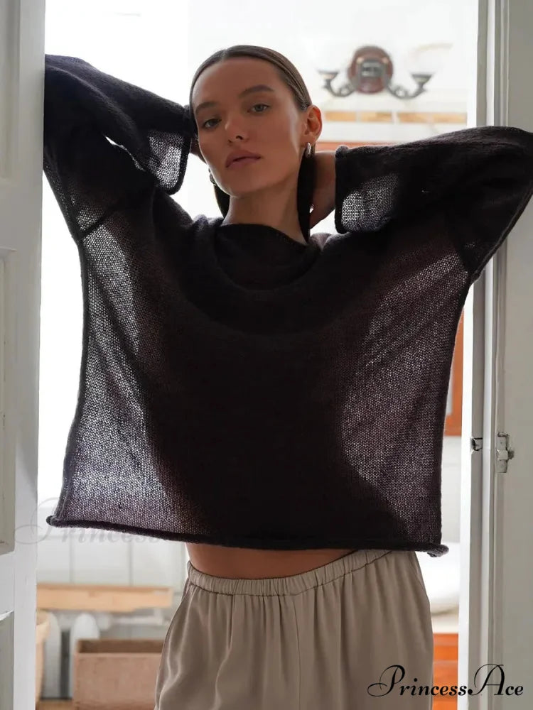 Empty Transparent Round-neck Long Sleeve Sweater Brown / S swraters-241228