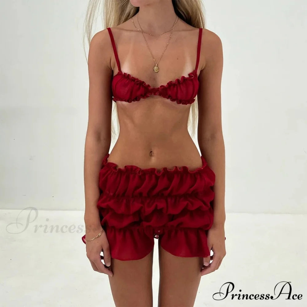 Enchanting 2 Piece Skirts Ensembles Frills Spaghetti Strap Cami Crop Tops + Ruched Mini Pencil Skirt Women Y2K Vintage